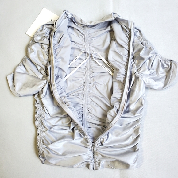 NWT$350 Alexander Wang Ruched Mock Neck Logo Silver Fox Crop Top Back Zip Sz XS - Picture 15 of 15